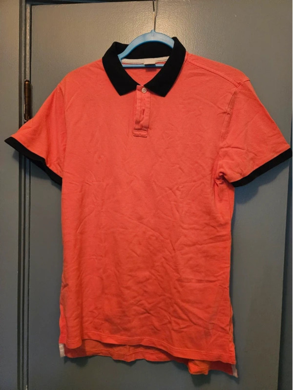 Club Monaco Mens S Coral Polo Shirt Black Collar 100% Cotton Contrast Trim